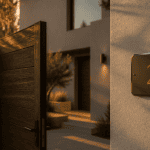 numero de maison design sur portail bois et mur contemporain
