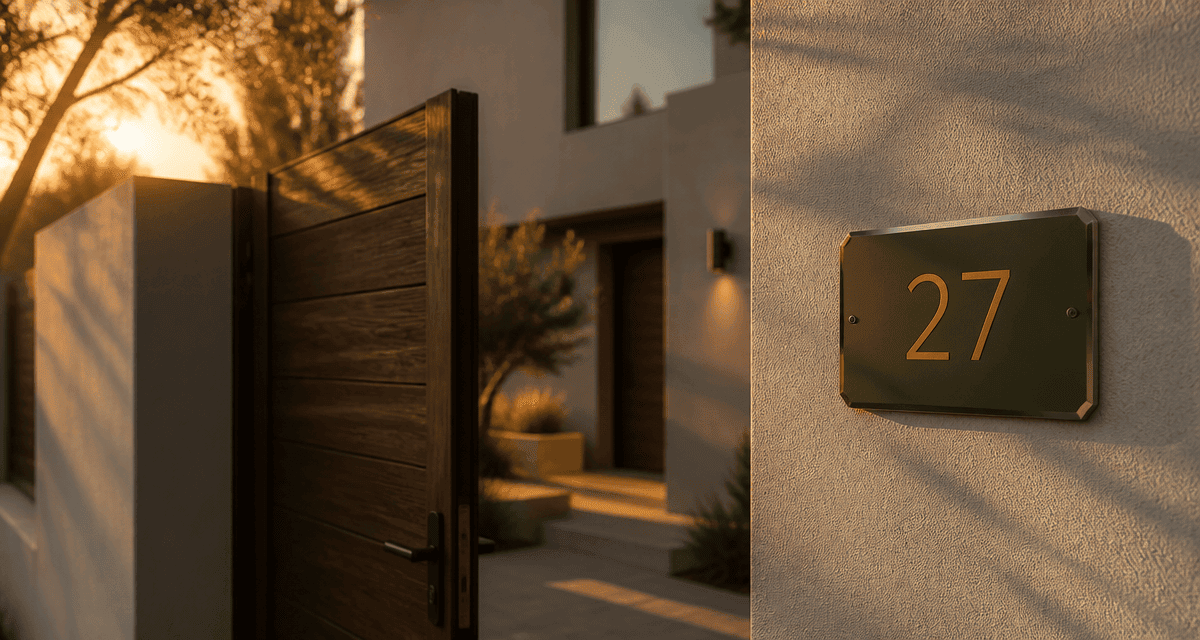 numero de maison design sur portail bois et mur contemporain