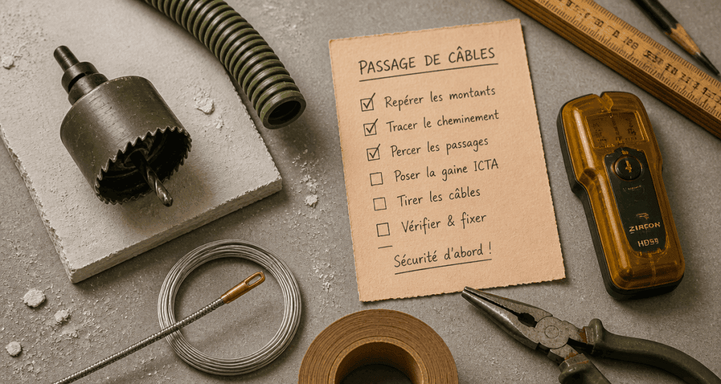 passer un câble horizontal dans une cloison placo outils