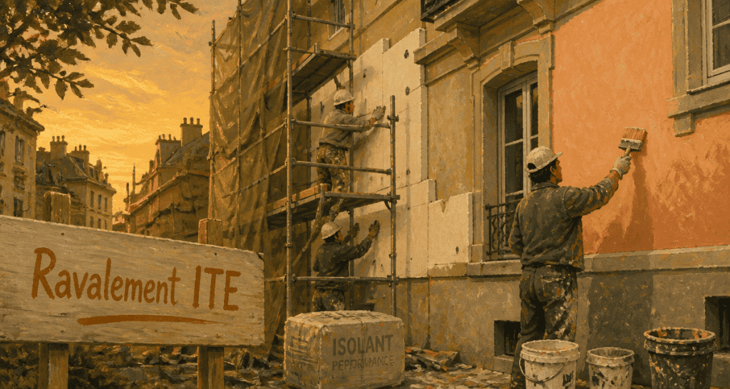 Ravalement ITE immeuble échafaudage ouvriers