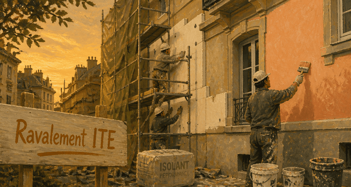 Ravalement ITE immeuble échafaudage ouvriers