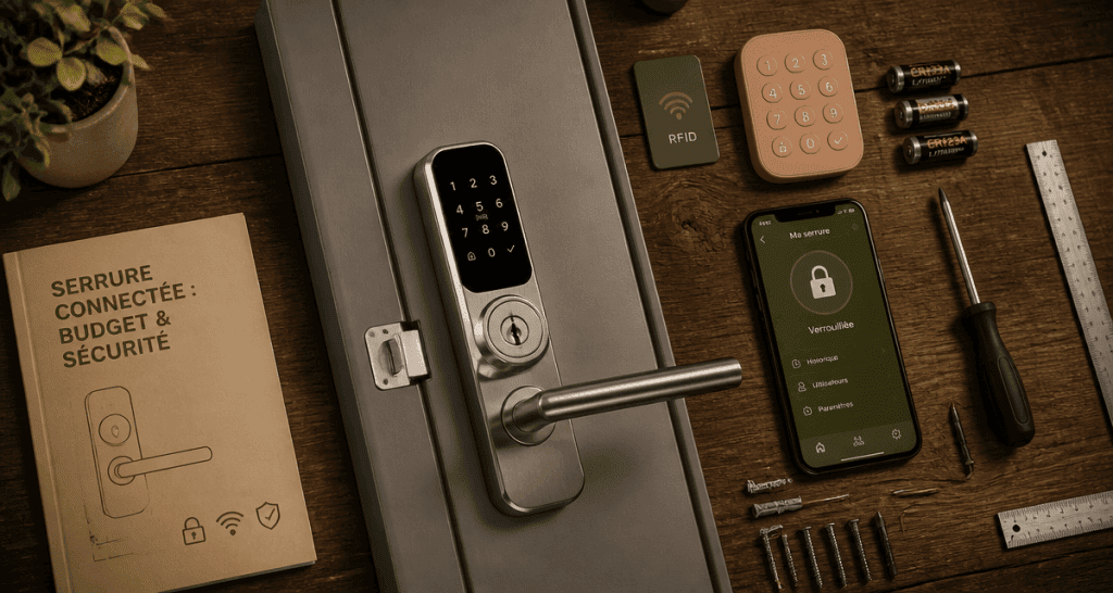 Serrure connectée prix et accessoires sur table