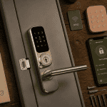 Serrure connectée prix et accessoires sur table
