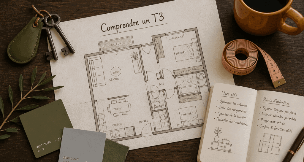 t3 combien de chambre plan et clés sur table