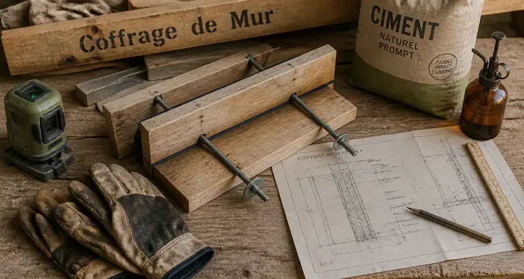 Coffrage mur, outils et matériaux sur plan de travail