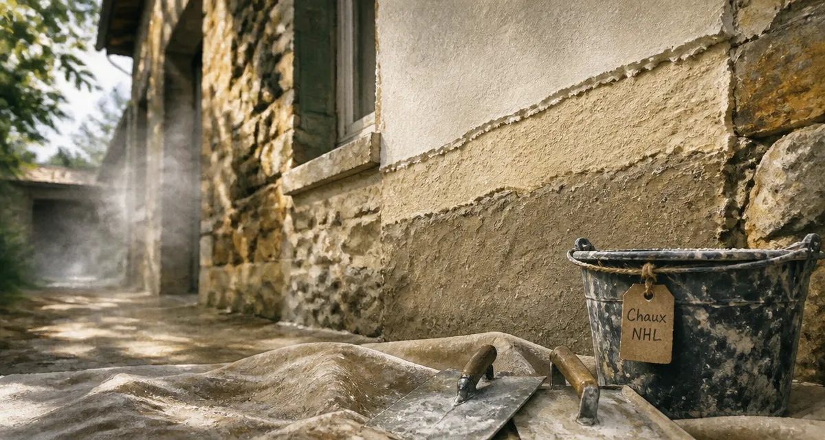 Enduit à la chaux facade : texture sableuse de gobetis sur mur ancien