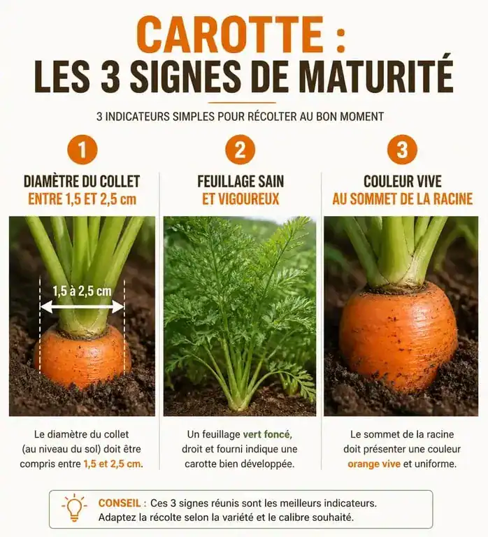 Infographie des signes de maturité pour savoir quand récolter les carottes au potager