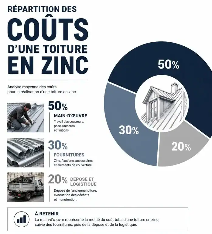 Répartition des coûts pour l'installation d'un toit en zinc : main-d'œuvre, fournitures et dépose