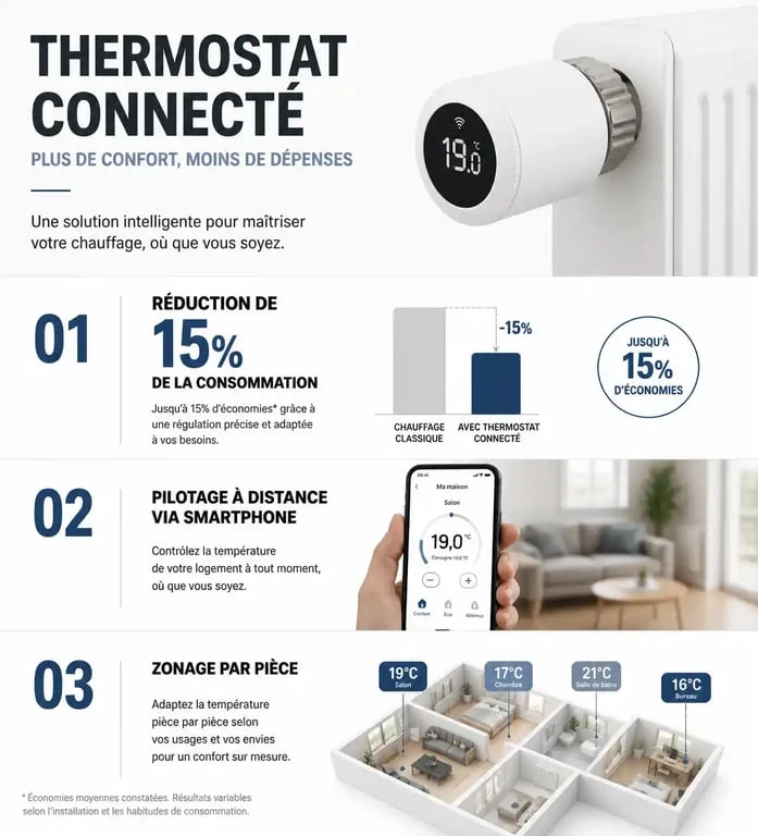 Infographie sur les avantages et le fonctionnement d'un thermostat connecté pour radiateur pour optimiser sa consommation d'énergie.