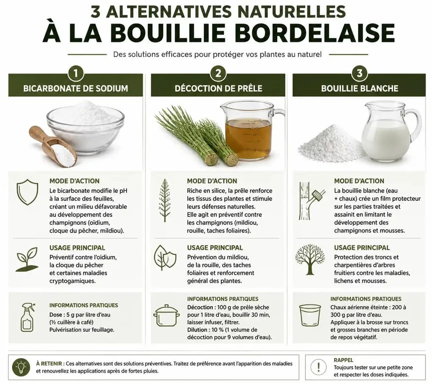 Infographie comparative des alternatives naturelles à la bouillie bordelaise pour le jardin