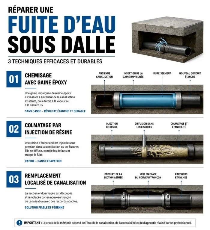 Infographie des méthodes de réparation de fuite d'eau sous canalisation enterrée sous chape