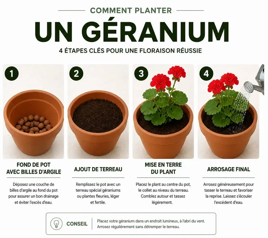Étapes de plantation d'un géranium en pot pour une floraison réussie