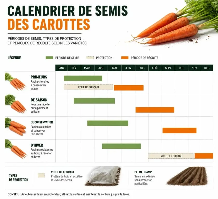 Calendrier de semis des carottes par variété et période de récolte
