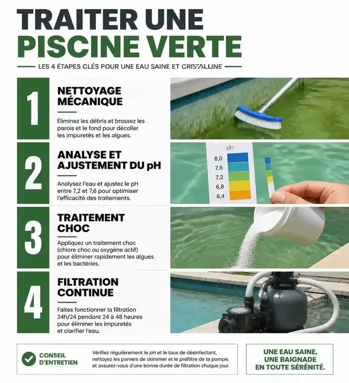 Infographie des étapes pour traiter une eau verte de piscine et retrouver une eau claire