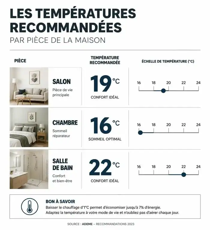 Infographie des températures recommandées pour régler un radiateur électrique à inertie par pièce