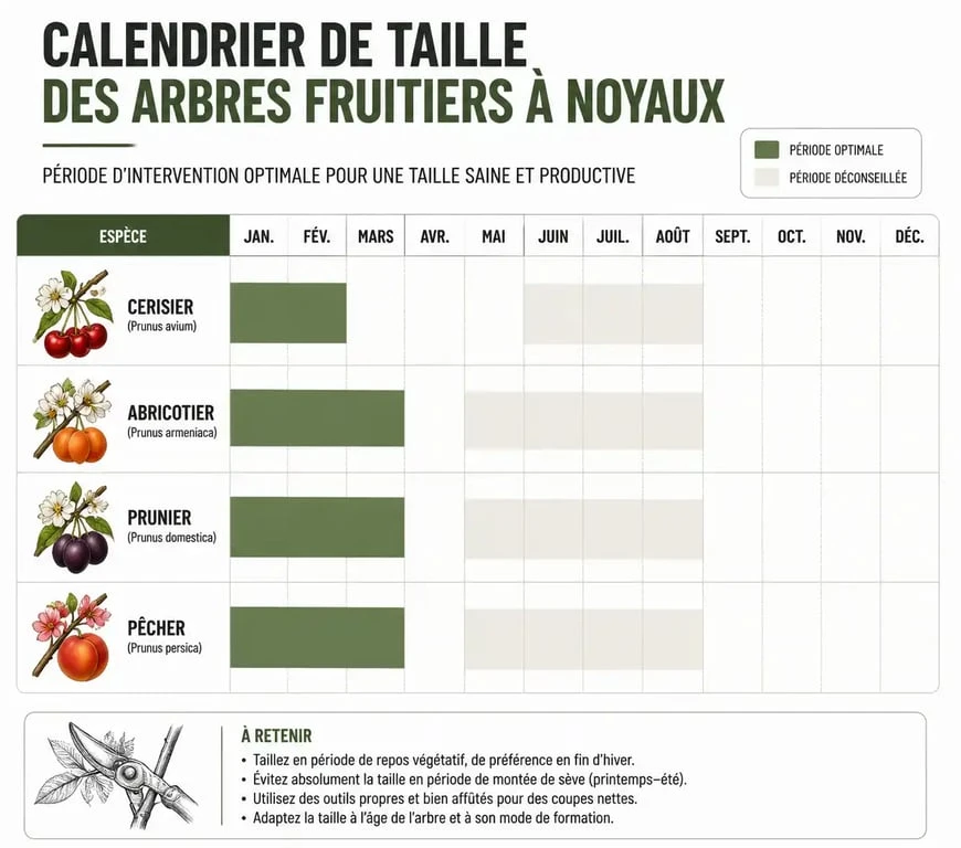 Calendrier de taille des arbres fruitiers à noyaux : périodes idéales pour cerisier, abricotier, prunier et pêcher