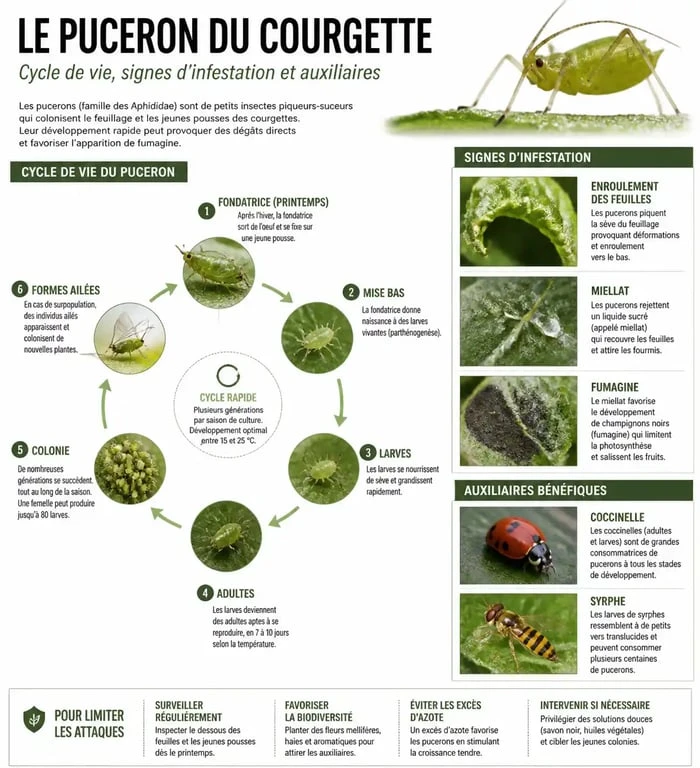 Infographie sur l'identification et la lutte contre le puceron sur courgette au potager
