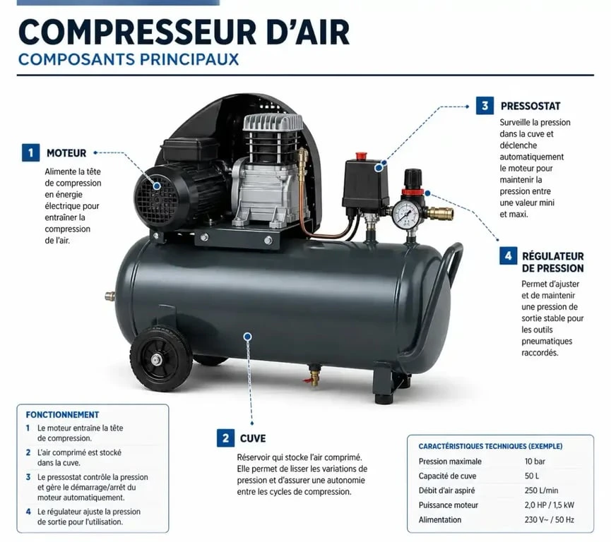 Schéma des composants d'un compresseur d'air pour comprendre à quoi sert un compresseur