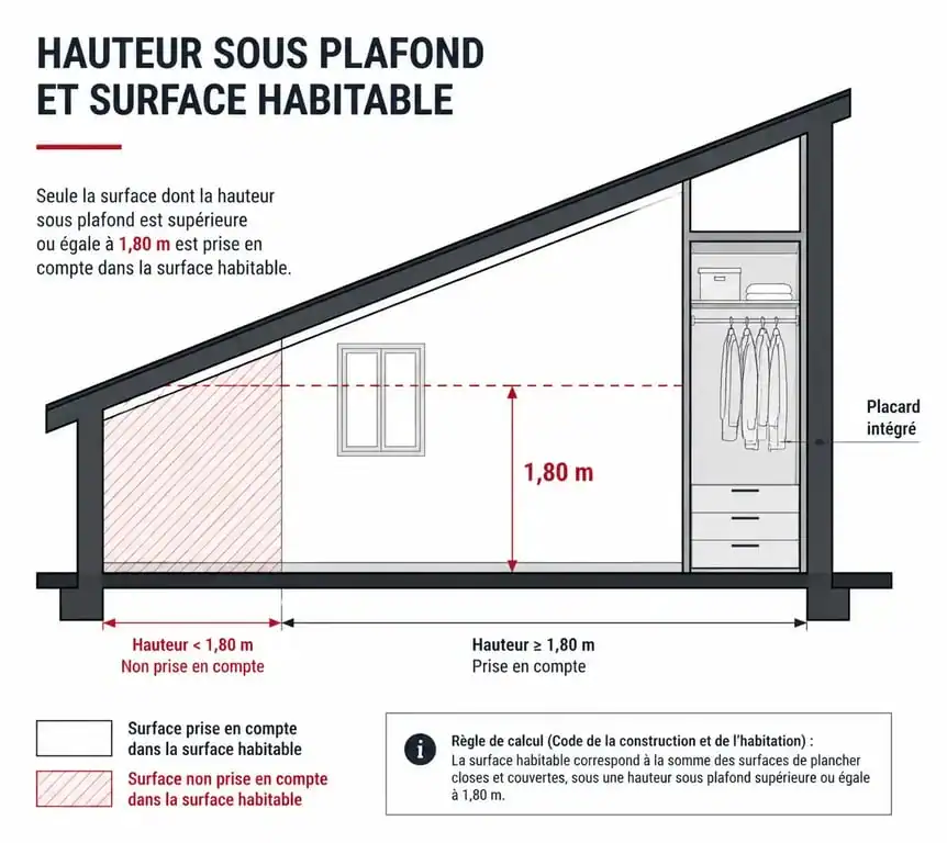 Schéma explicatif de la règle de 1,80 mètre pour inclure un placard dans la surface habitable d'un logement
