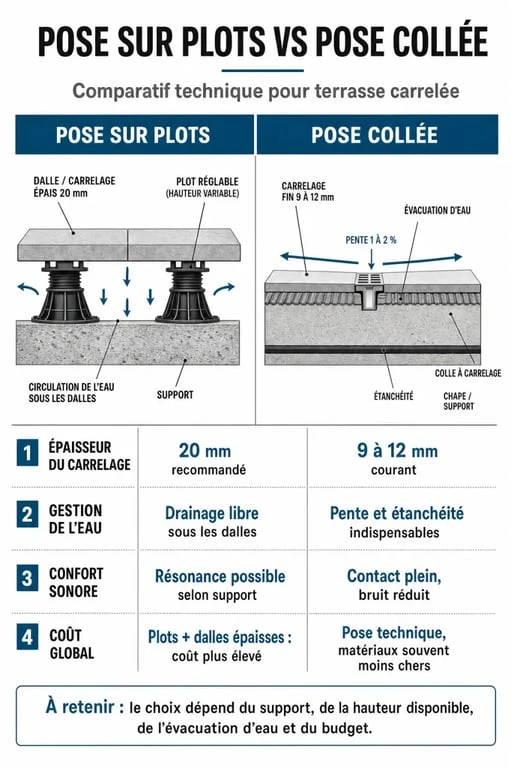 Comparatif technique des inconvénients et avantages du carrelage sur plots par rapport à la pose collée