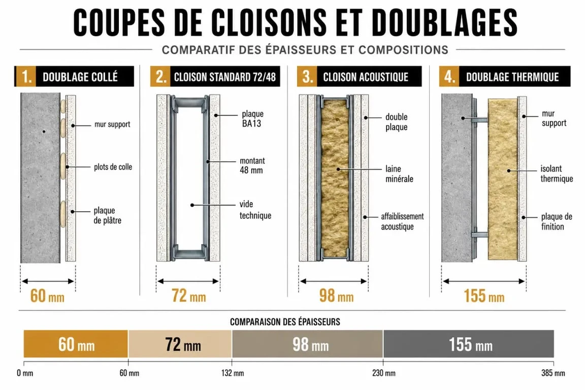 Infographie comparative des épaisseurs de cloisons et isolants placo pour la rénovation thermique et phonique