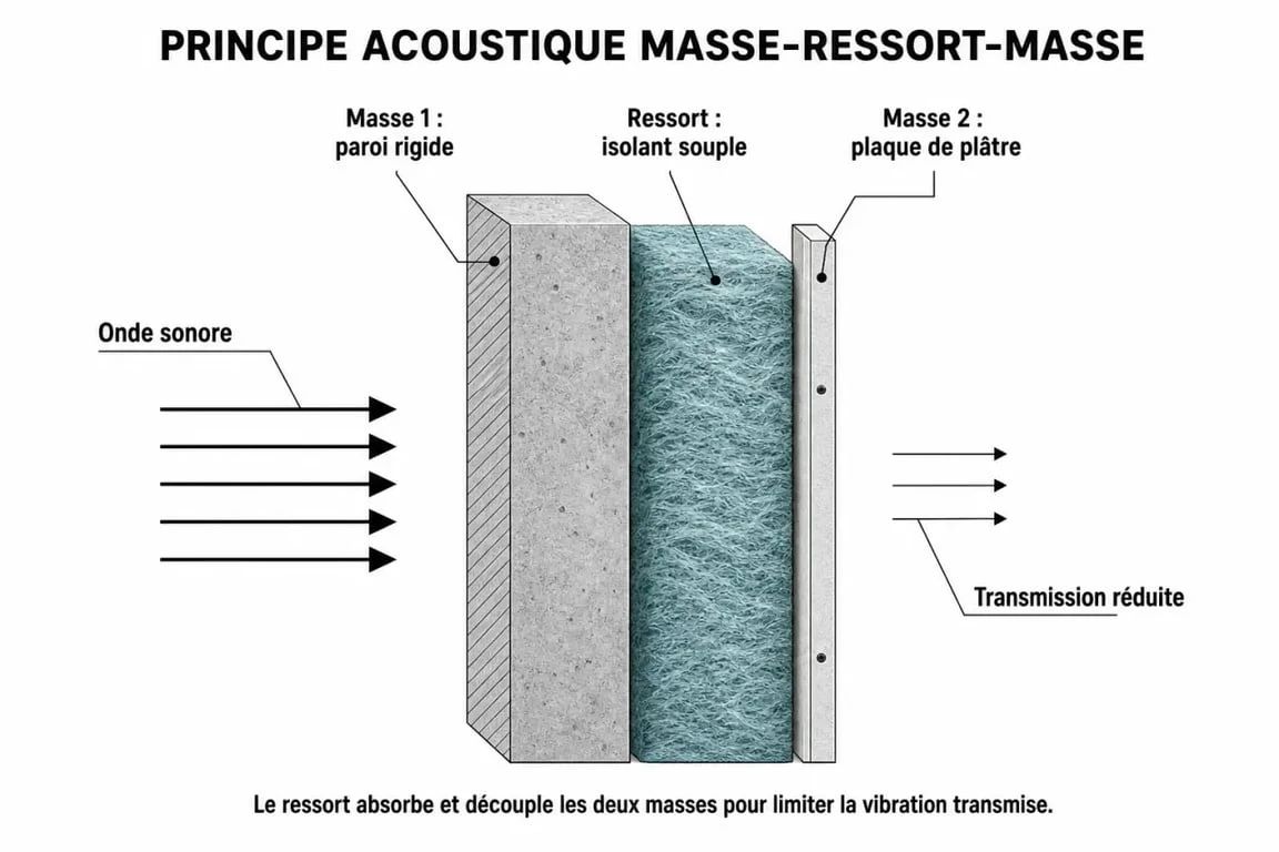 Principe de l'isolation phonique masse-ressort-masse pour isoler phoniquement une pièce