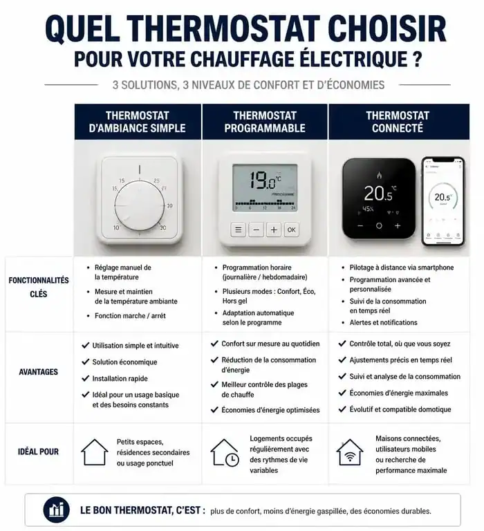 Infographie comparative des différents types de thermostats pour chauffage électrique : simple, programmable et connecté.