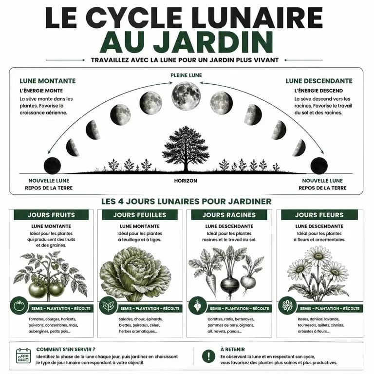 Schéma explicatif du calendrier lunaire pour le semis des petits pois : lune montante et jours fruits pour optimiser la récolte.