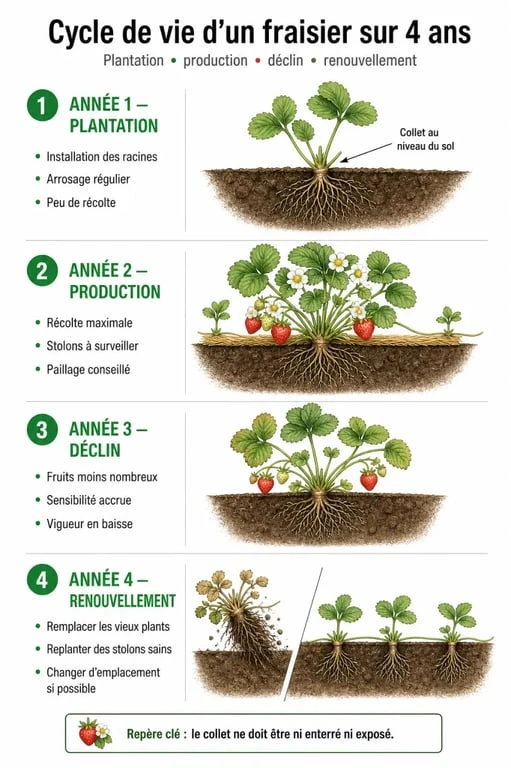Schéma explicatif du cycle de vie et du renouvellement des fraisiers au potager