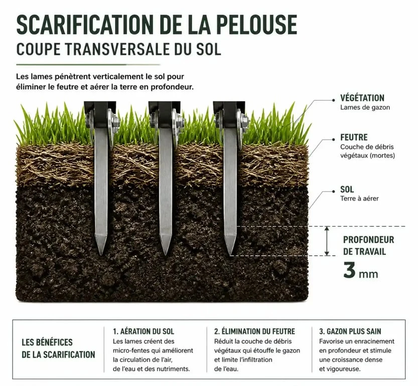 Schéma explicatif du fonctionnement d'un scarificateur pour pelouse : élimination du feutre et aération du sol