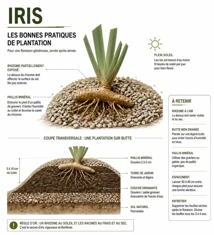 Schéma des bonnes pratiques pour planter des iris au jardin avec paillis minéral et drainage
