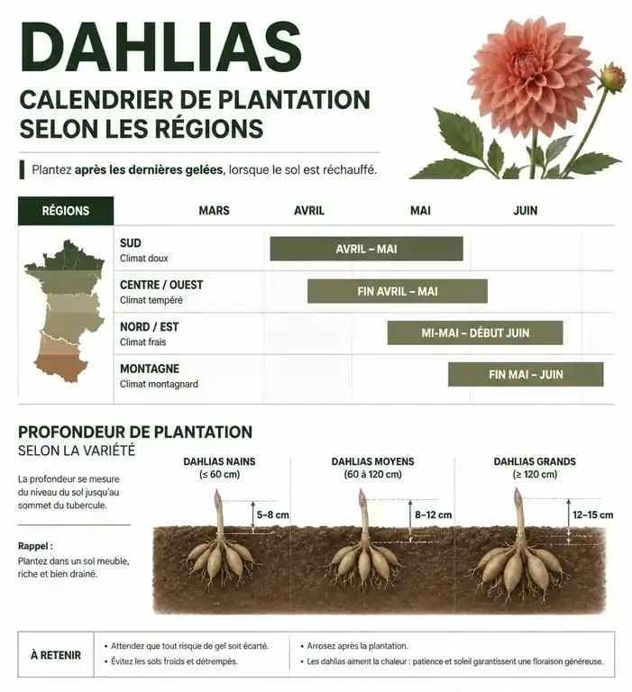 Infographie sur le calendrier et la profondeur de plantation des dahlias en pleine terre