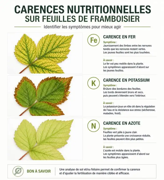 Infographie illustrant les symptômes de carences en engrais sur les feuilles de framboisier