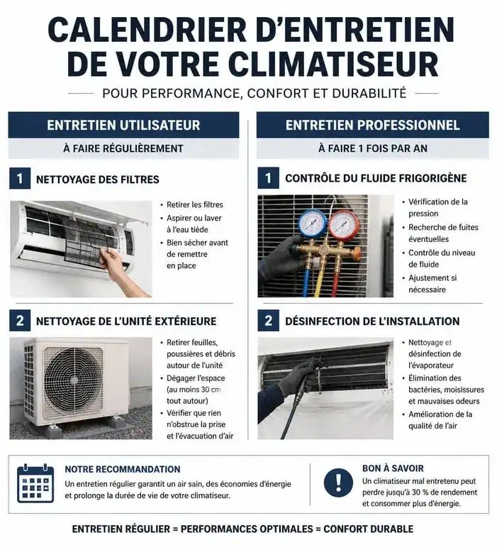 Calendrier d'entretien climatiseur : étapes DIY et interventions professionnelles pour un air sain.