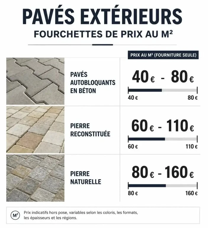 Comparatif des prix au m2 pour la pose de pavés selon le matériau : béton, pierre reconstituée et pierre naturelle.