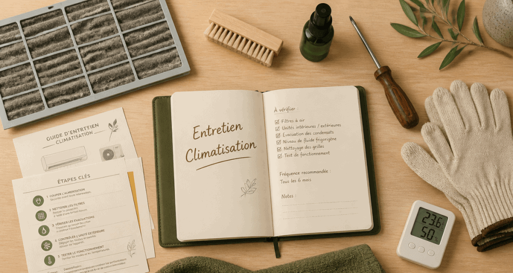 entretien climatiseur flat lay outils carnet