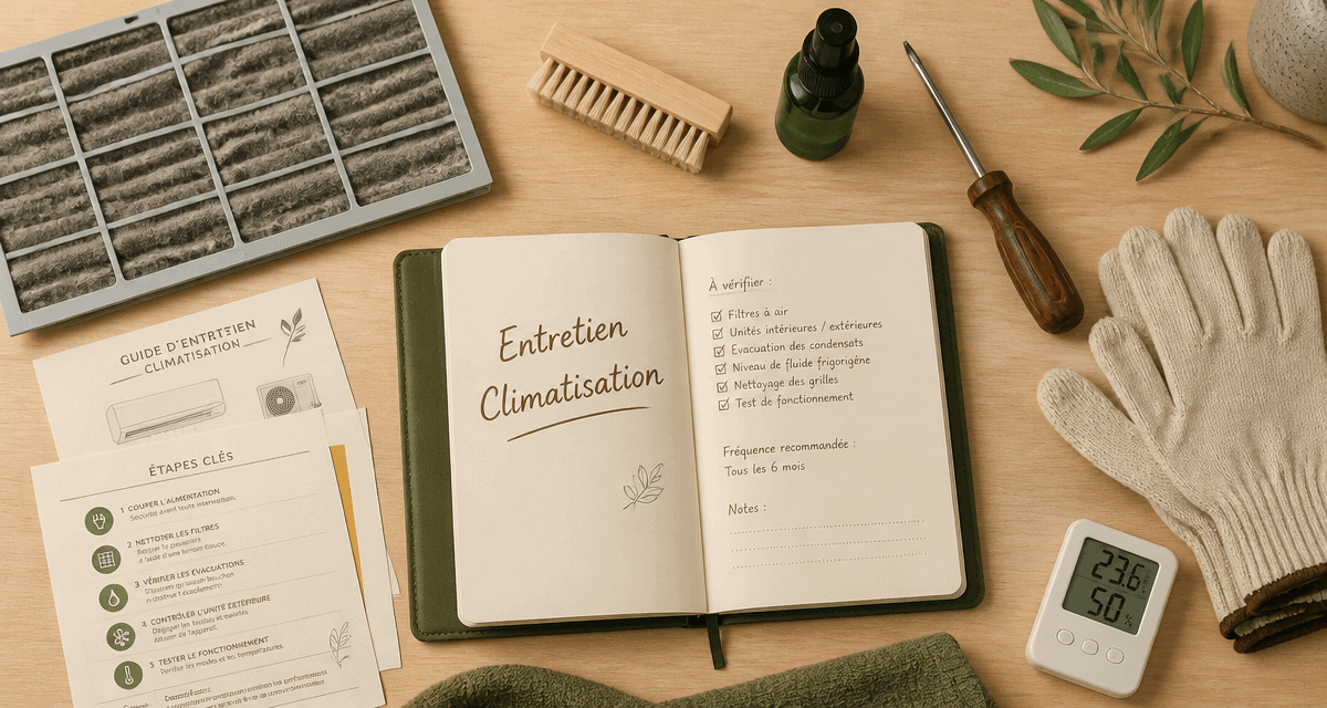 entretien climatiseur flat lay outils carnet