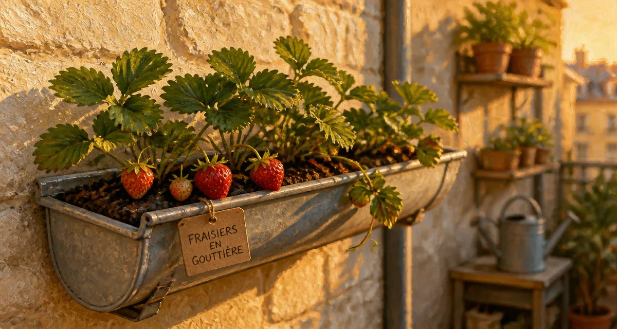 Fraisier dans gouttière : fraisiers suspendus en balcon