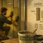 isoler phoniquement un mur mitoyen avec laine de roche et schéma masse-ressort-masse