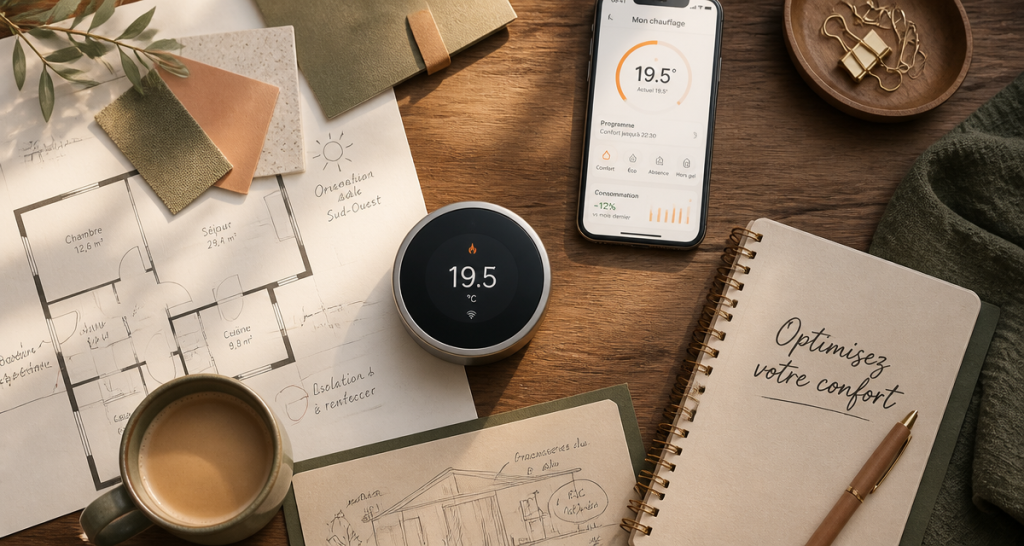 Meilleur thermostat connecté sur table en bois avec plans et appli