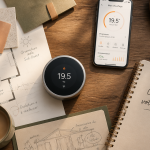 Meilleur thermostat connecté sur table en bois avec plans et appli