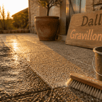 nettoyer des dalles gravillonnées noircies avec brosse et seau