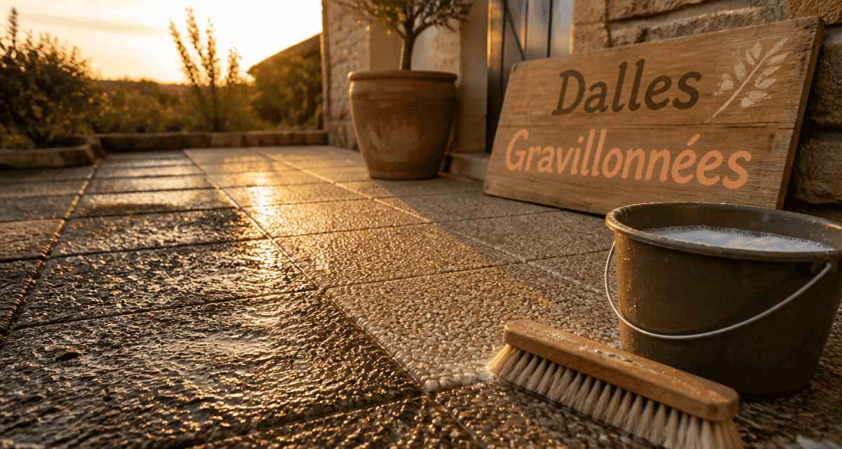 nettoyer des dalles gravillonnées noircies avec brosse et seau