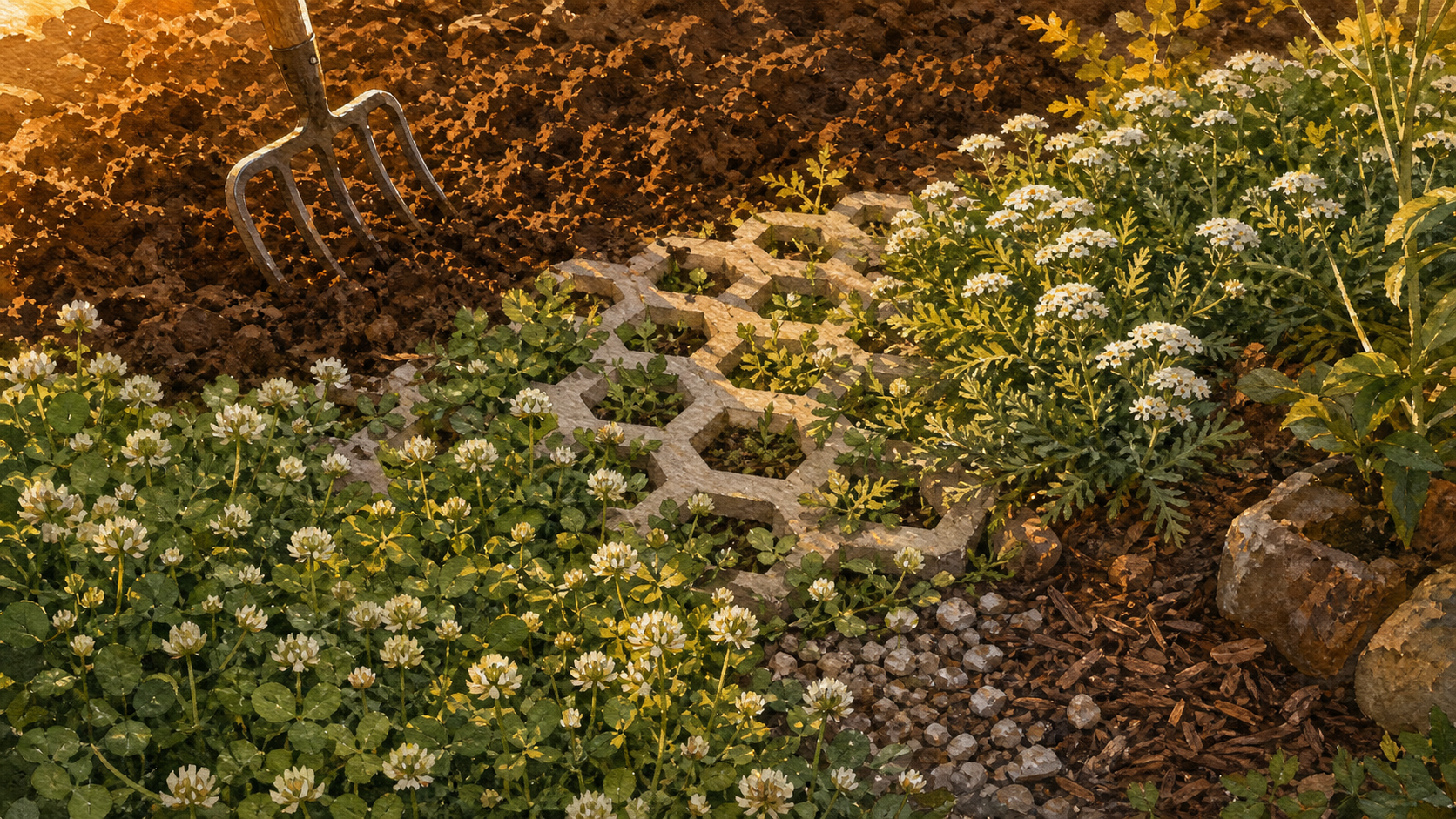 Par quoi remplacer le gazon : jardin sans tonte avec tapis de trèfle et paillage