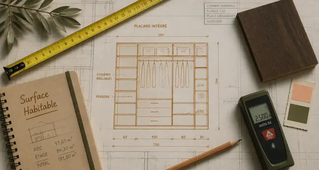 placard surface habitable sur plan architectural