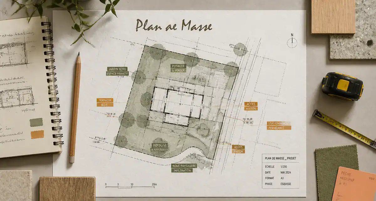 Plan masse sur bureau d’architecte avec outils
