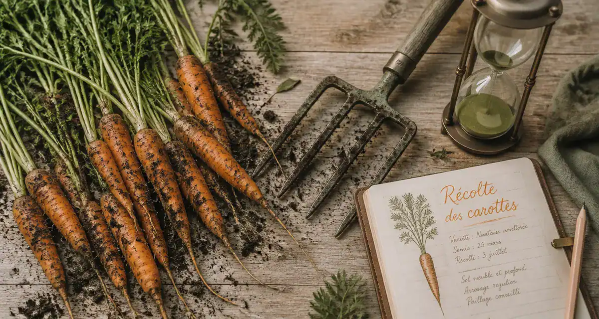 quand recolter les carottes sur table rustique avec outils