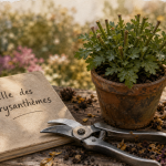Taille chrysanthème : sécateur et chrysanthèmes pincés pour floraison dense