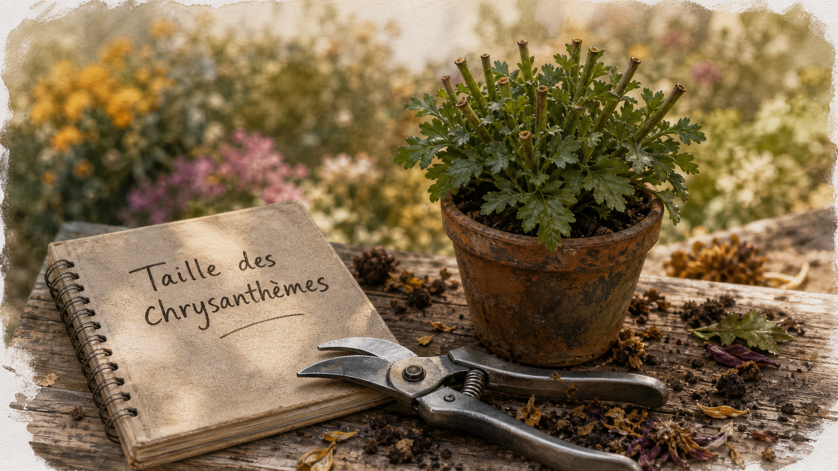 Taille chrysanthème : sécateur et chrysanthèmes pincés pour floraison dense