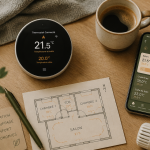 thermostat connecté radiateur sur table avec smartphone et plan